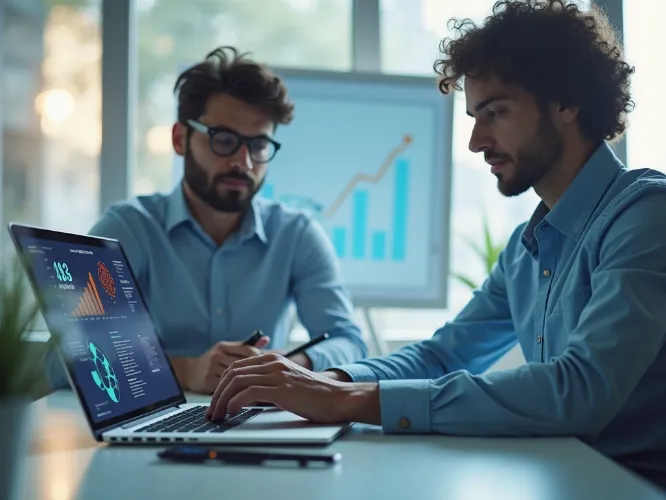 Modern professional working on laptop with charts and graphs